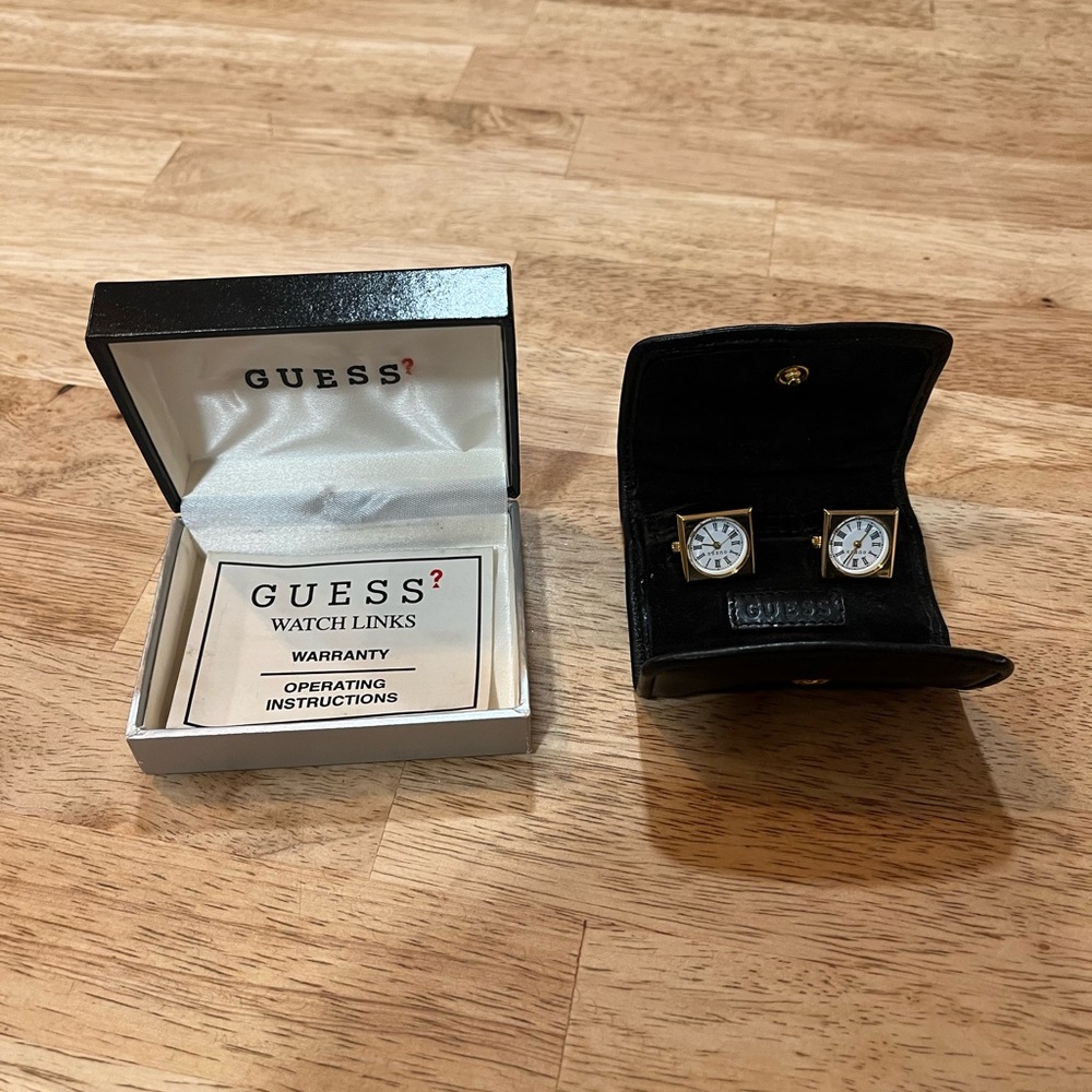 GUESS Y2K MECHANICAL WATCH CUFFLINKS NEEDS NEW BATTERY NIB MINT Gold Tone